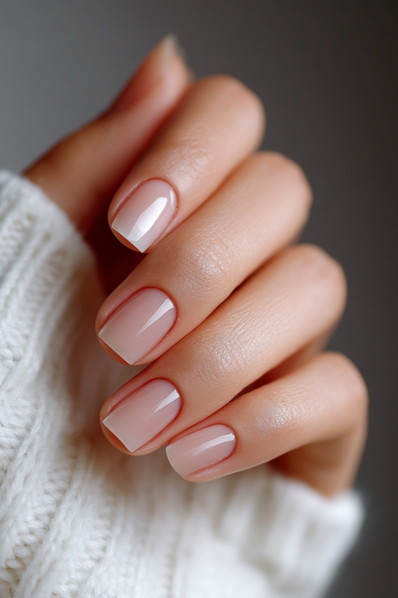 Close-up of a hand against a soft white knit sweater, showing short square nails finished in a clean glossy Shellac French manicure